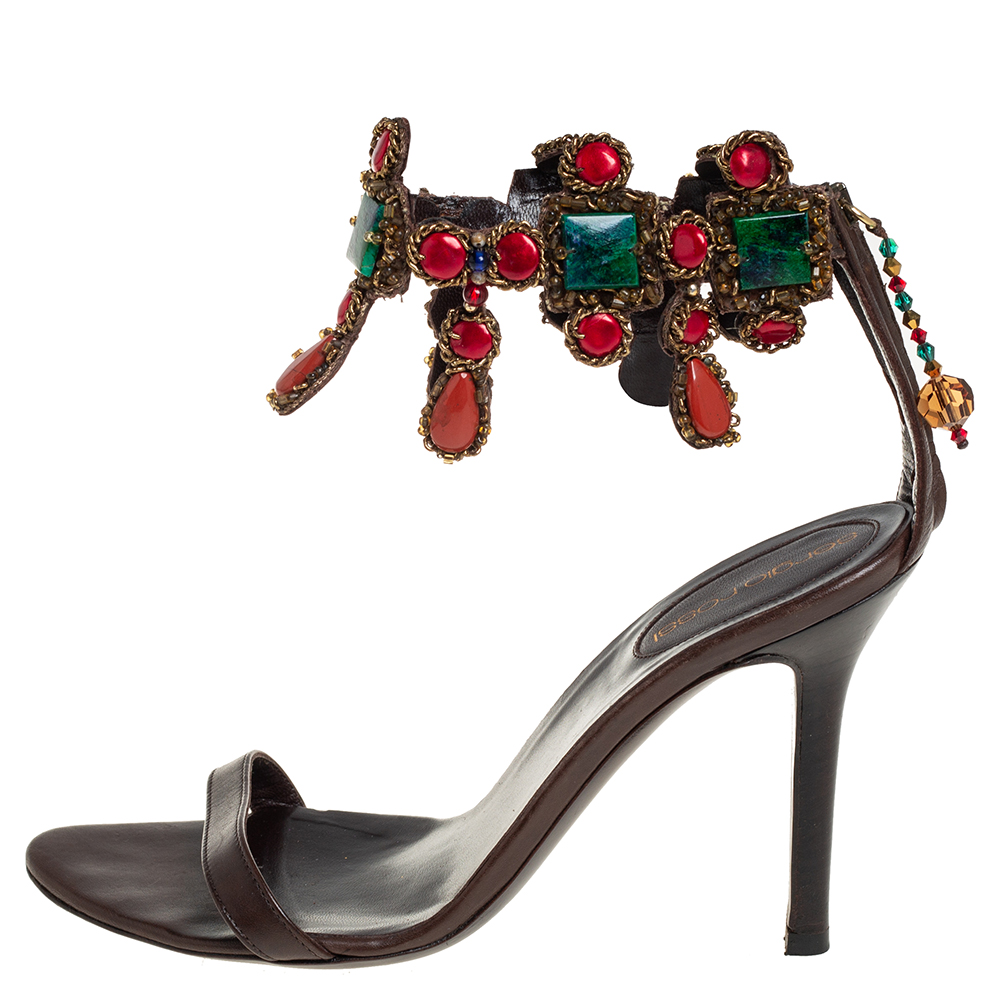 

Sergio Rossi Brown Leather Embellished Sandals Size