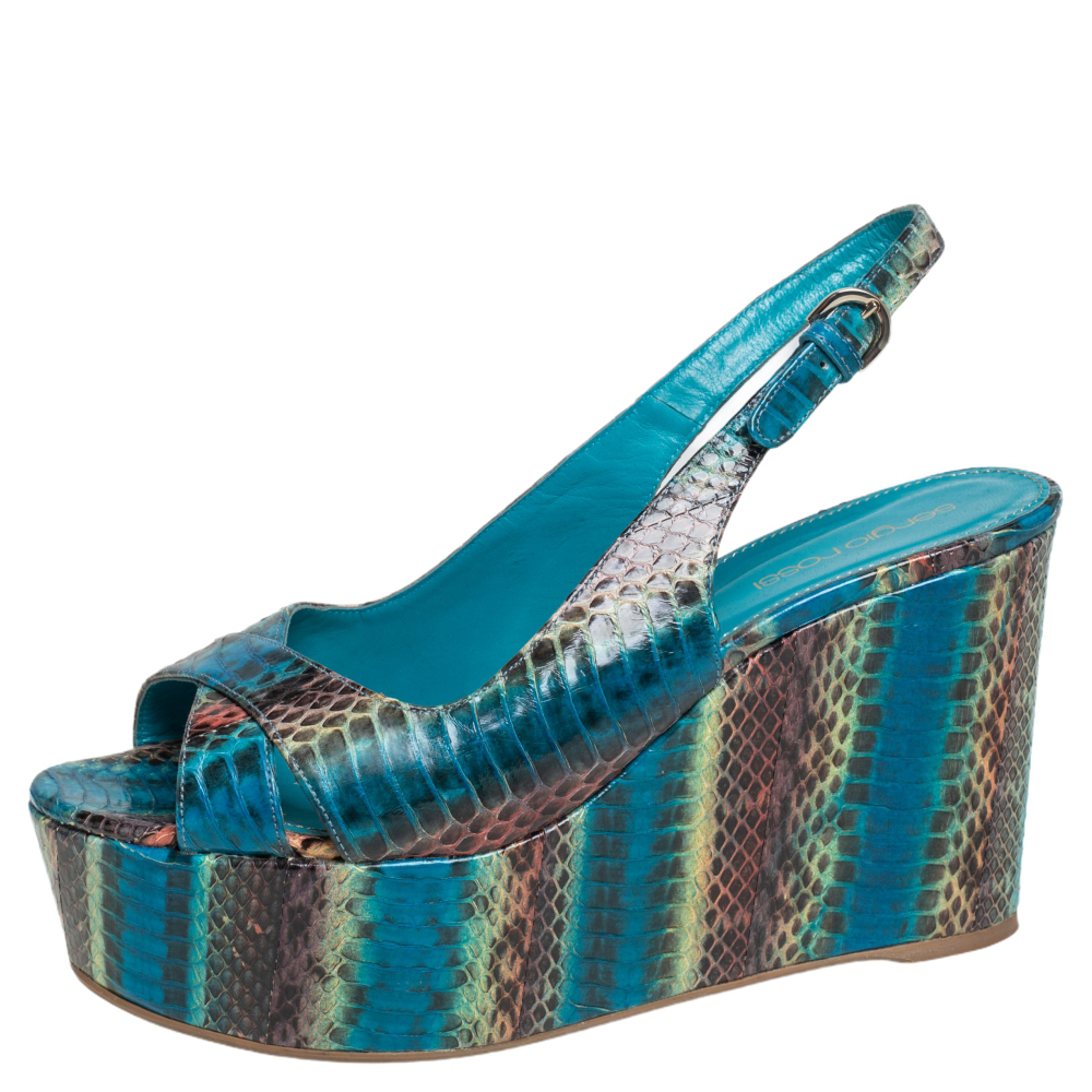 

Sergio Rossi Multicolor Python Embossed Leather Platform Wedge Sandals Size, Black