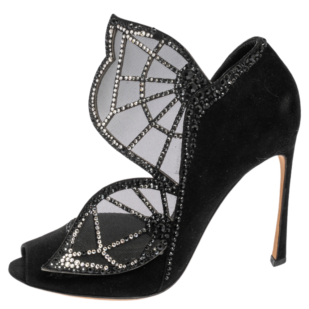 

Sergio Rossi Black Suede and Mesh Crystal Embellished Butterfly Peep Toe Pumps Size