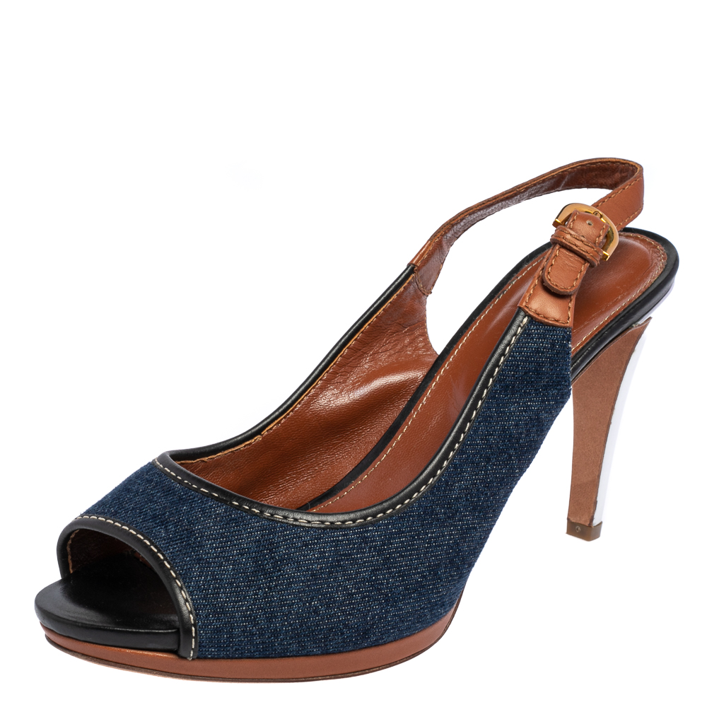

Sergio Rossi Brown/Blue Denim and Leather Peep Toe Slingback Sandals Size