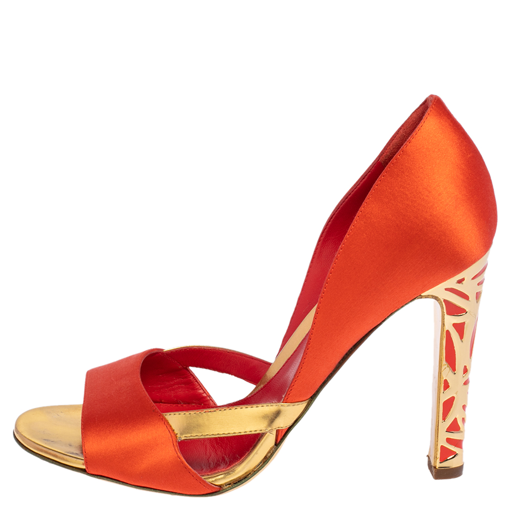 

Sergio Rossi Orange/Gold Satin and Leather Open Toe Sandals Size
