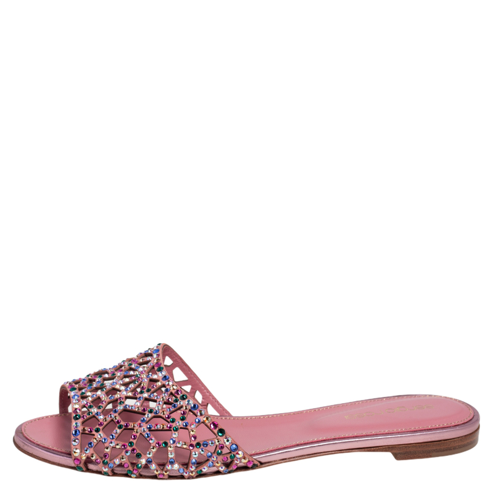 

Sergio Rossi Pink Suede Tresor Crystal Embellished Flats Size