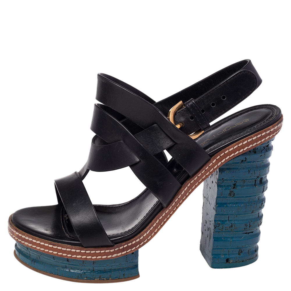 

Sergio Rossi Black Leather Platform Cork Block Heel Slingback Sandals Size