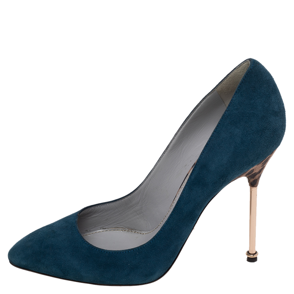 

Sergio Rossi Green Suede Leopard Print Metal Heel Pumps Size