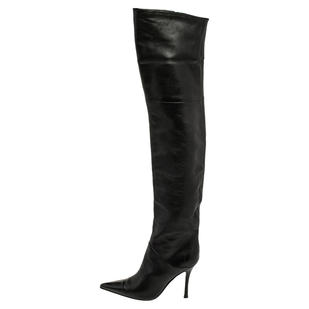 

Sergio Rossi Black Leather Pointed Toe Thigh High Boots Size