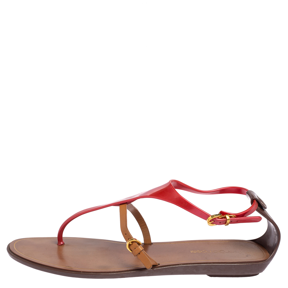 

Sergio Rossi Pink/Brown Leather and Rubber Thong Sandals Size
