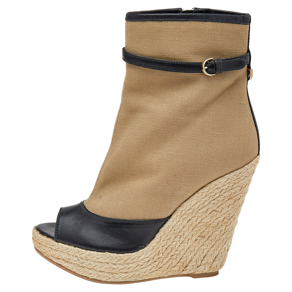 

Sergio Rossi Beige/Black Leather And Canvas Espadrille Boots Size