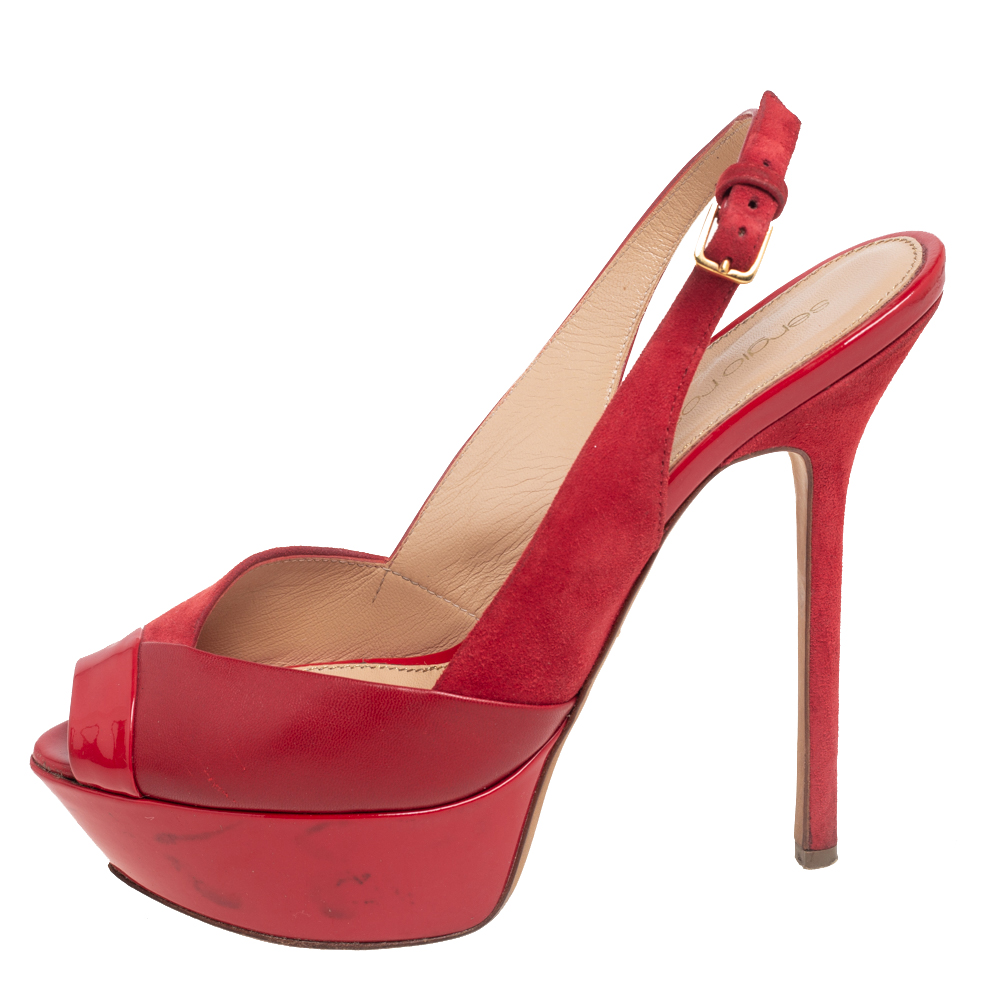 

Sergio Rossi Red Leather And Suede Peep Toe Slingback Platform Sandals Size