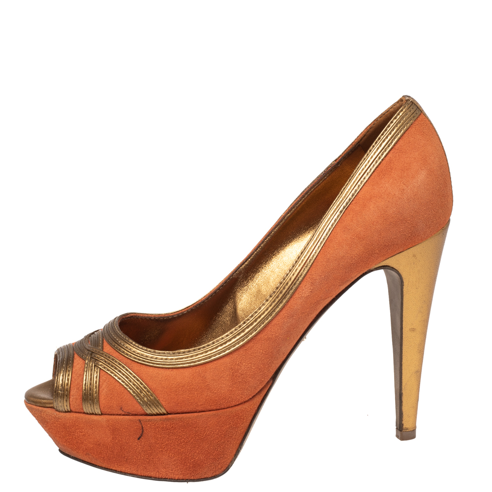 

Sergio Rossi Orange-Gold Leather And Suede Peep Toe Platform Pumps Size