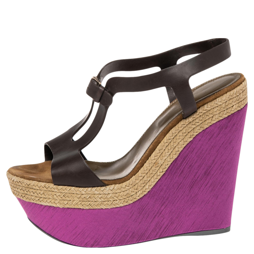 

Sergio Rossi Brown/Pink Leather And Satin Ankle Strap Wedge Sandals Size