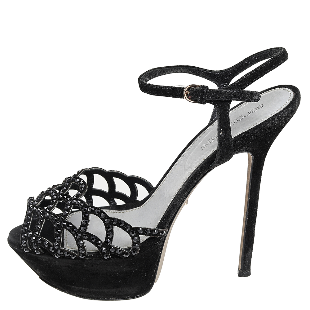 

Sergio Rossi Black Suede Crystal Embellished Ankle Strap Sandals Size