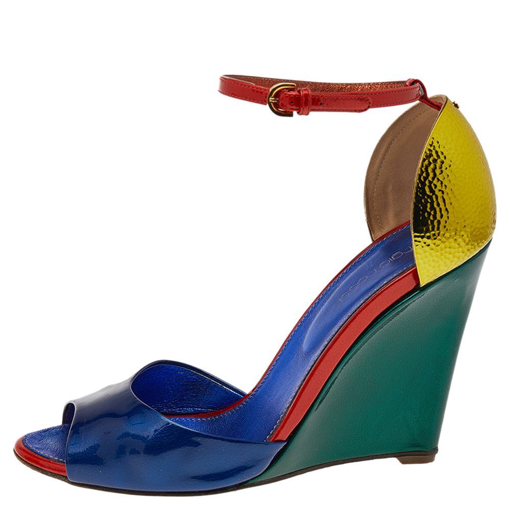 

Sergio Rossi Multicolor Patent Leather Ankle Strap Wedge Sandals Size