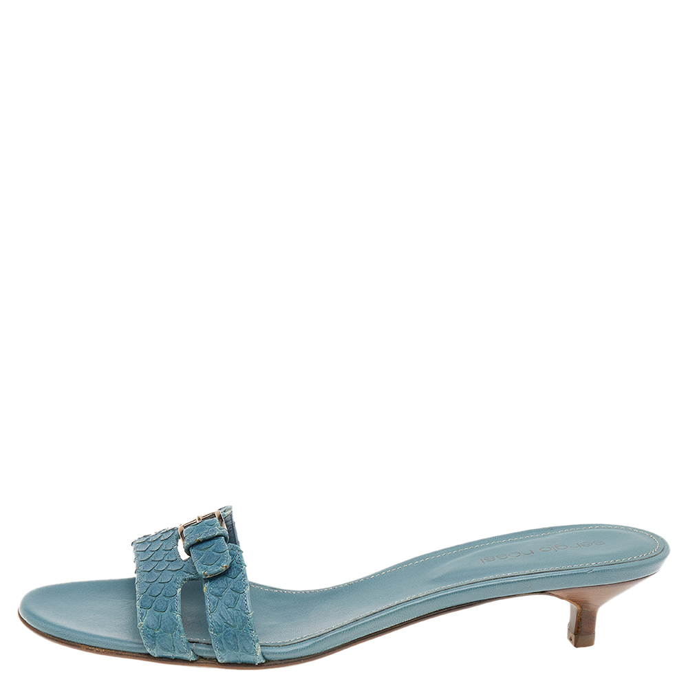 

Sergio Rossi Blue Python Embossed Leather Buckle Detail Slide Sandals Size