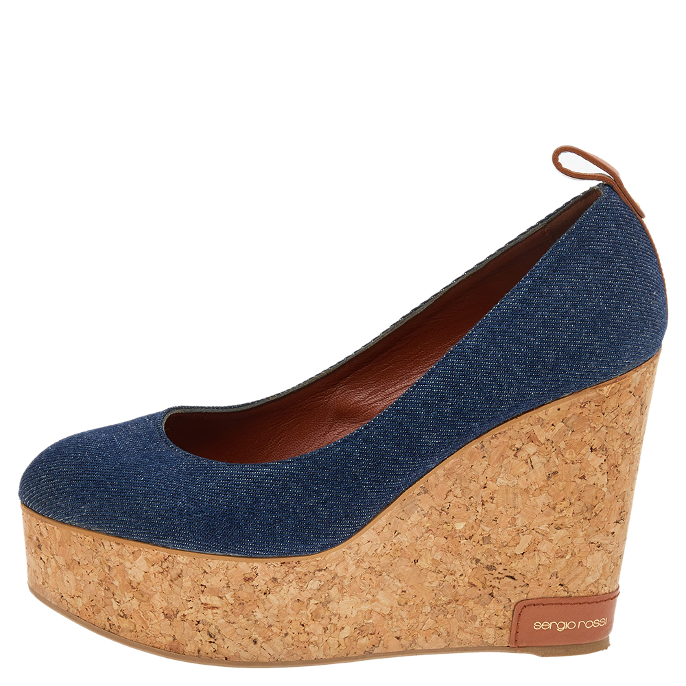 

Sergio Rossi Blue Denim And Leather Cork Platform Wedge Pumps Size