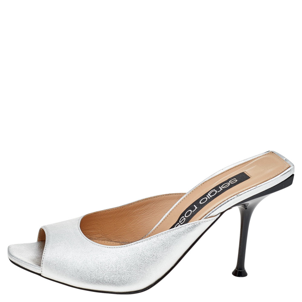 

Sergio Rossi Metallic Silver Leather Slide Sandals Size