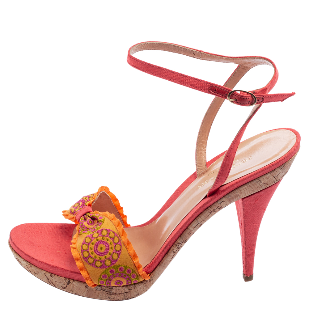 

Sergio Rossi Orange Embroidered Fabric Ankle-Strap Sandals Size