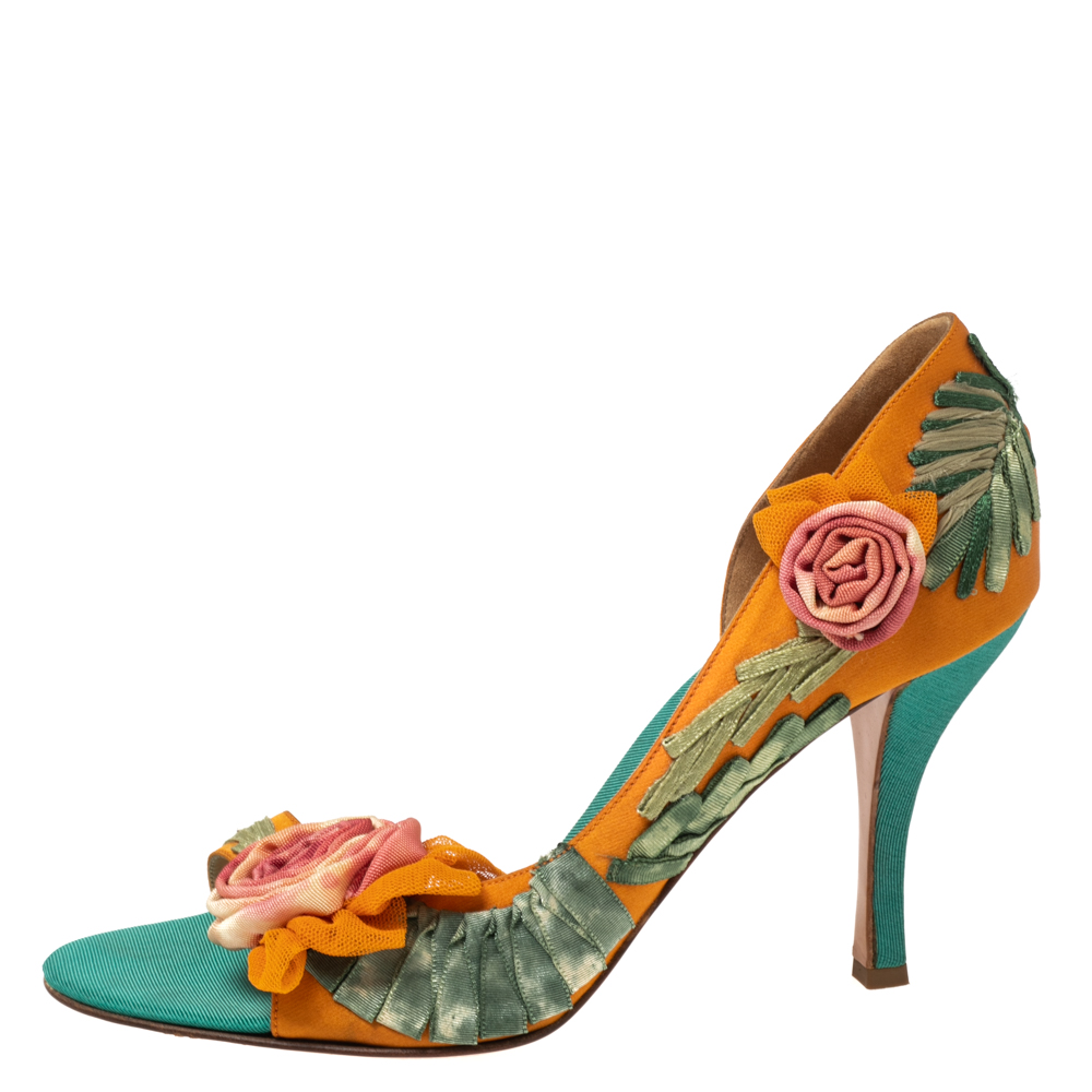 

Sergio Rossi Orange Satin Floral Applique D'orsay Sandals Size