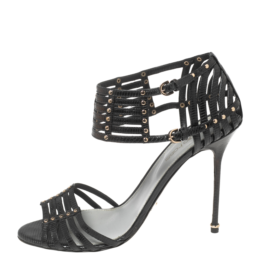 

Sergio Rossi Black Leather Buckle Strappy Sandals Size