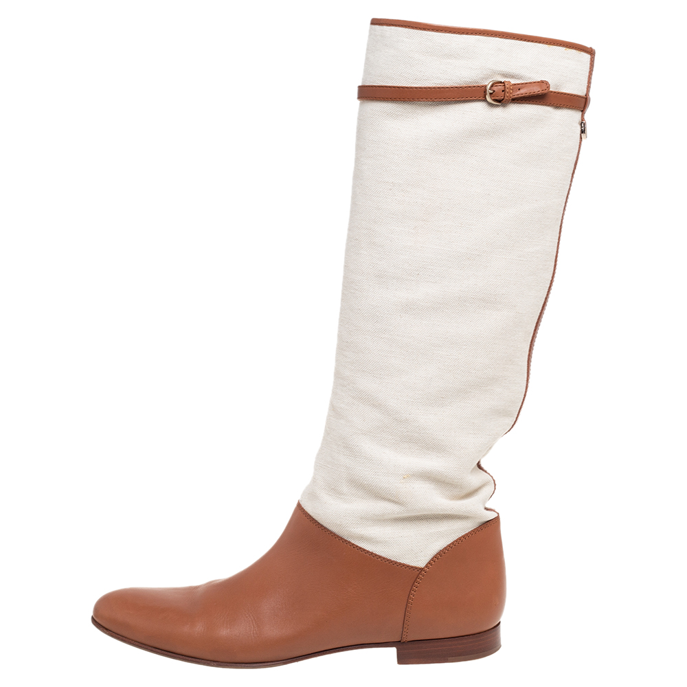 

Sergio Rossi Tan/Off White Canvas And Leather Knee High Boots Size