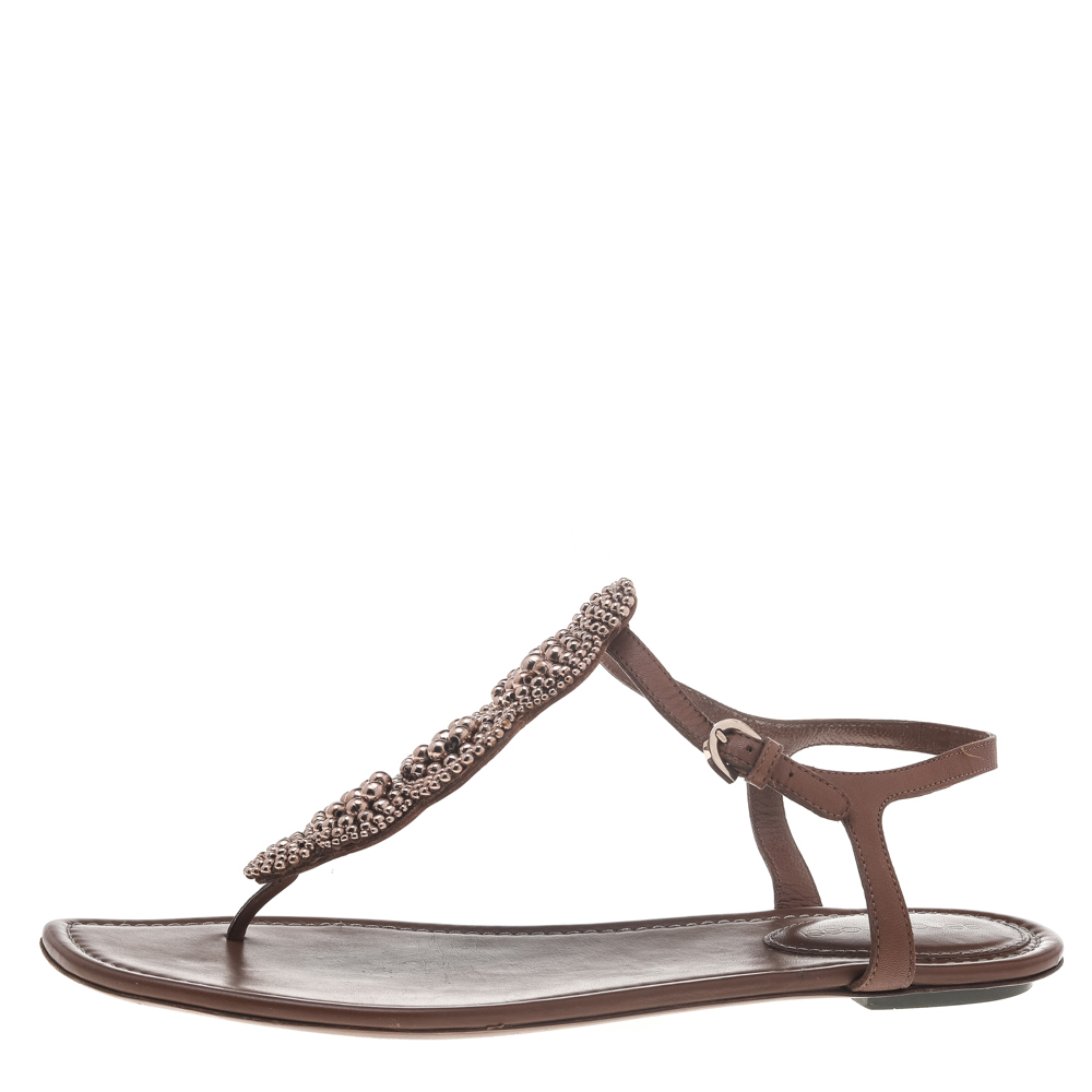 

Sergio Rossi Brown Leather Ankle Strap Flats Size