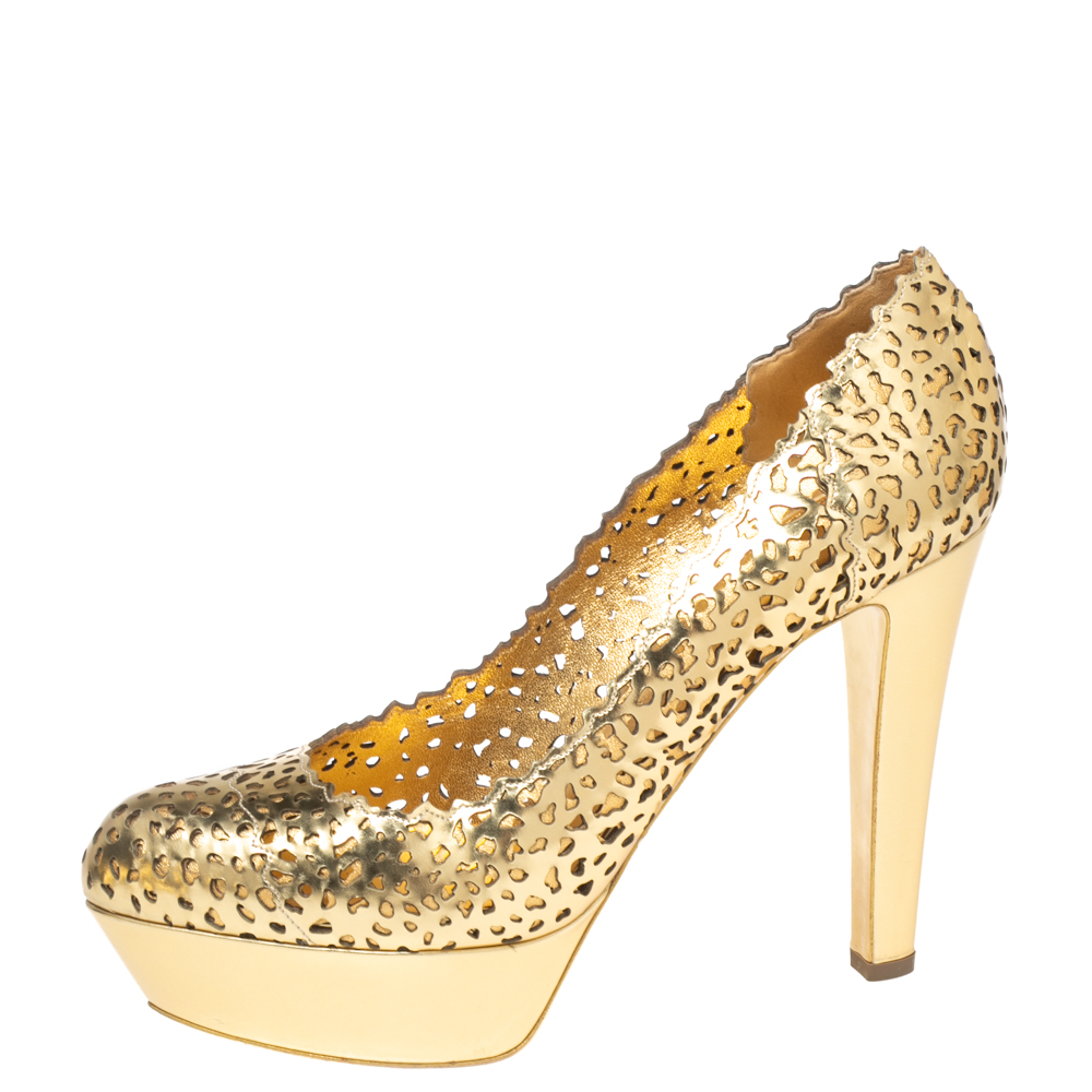 

Sergio Rossi Gold Laser Cut Leather Platform Pumps Size