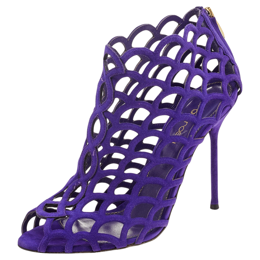 

Sergio Rossi Purple Suede Scalloped Peep Toe Caged Booties Size