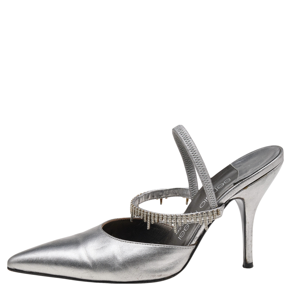 

Sergio Rossi Silver Leather Embellished Strap Mules Size