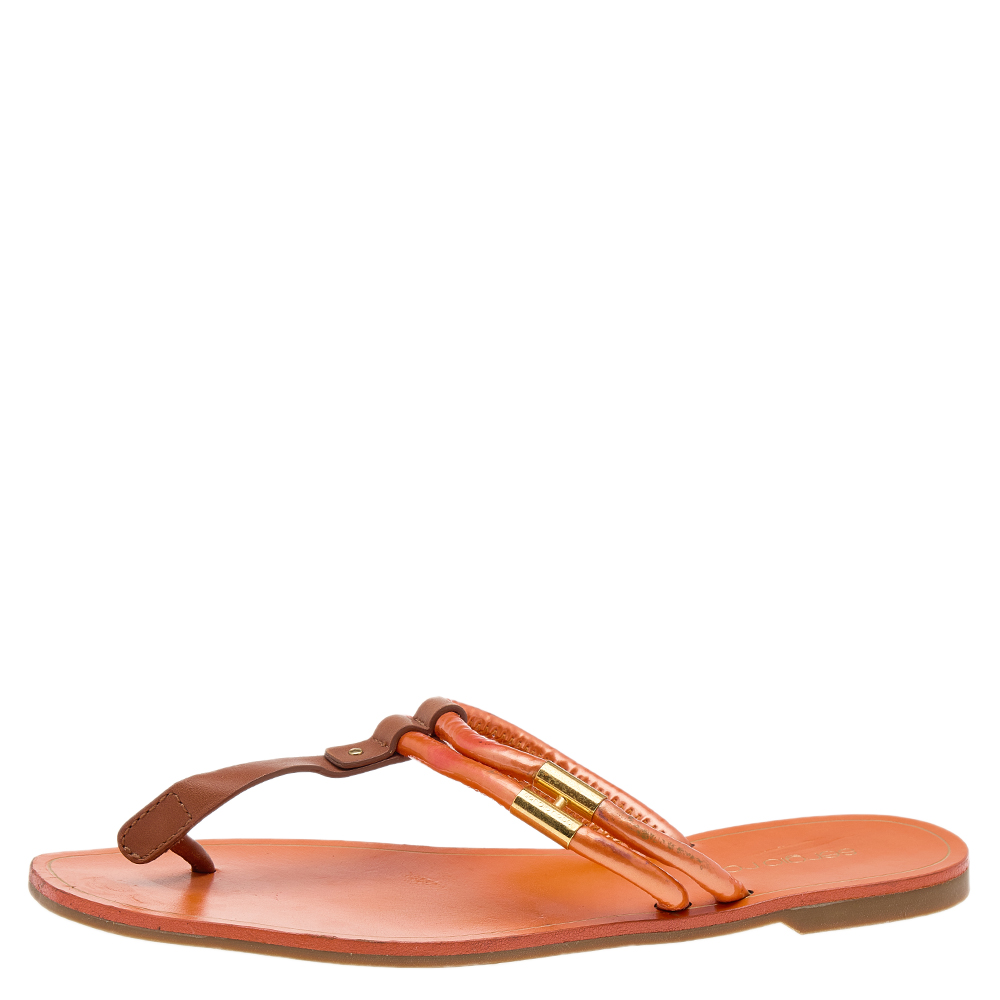 

Sergio Rossi Orange Leather Flat Thong Flats Size