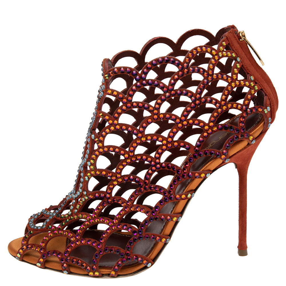 

Sergio Rossi Multicolor Suede Crystal Embellished Peep Toe Caged Booties Size