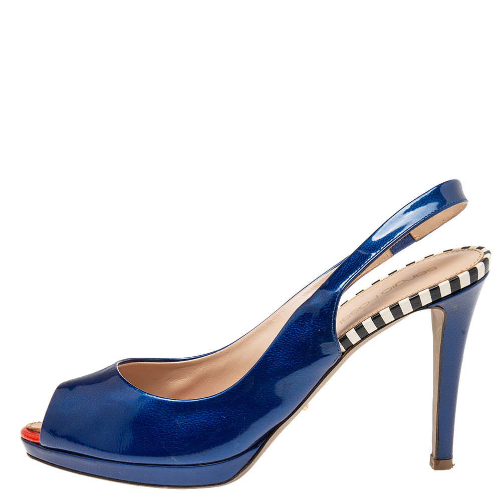 

Sergio Rossi Blue Patent Leather Slingback Peep Toe Platform Sandals Size