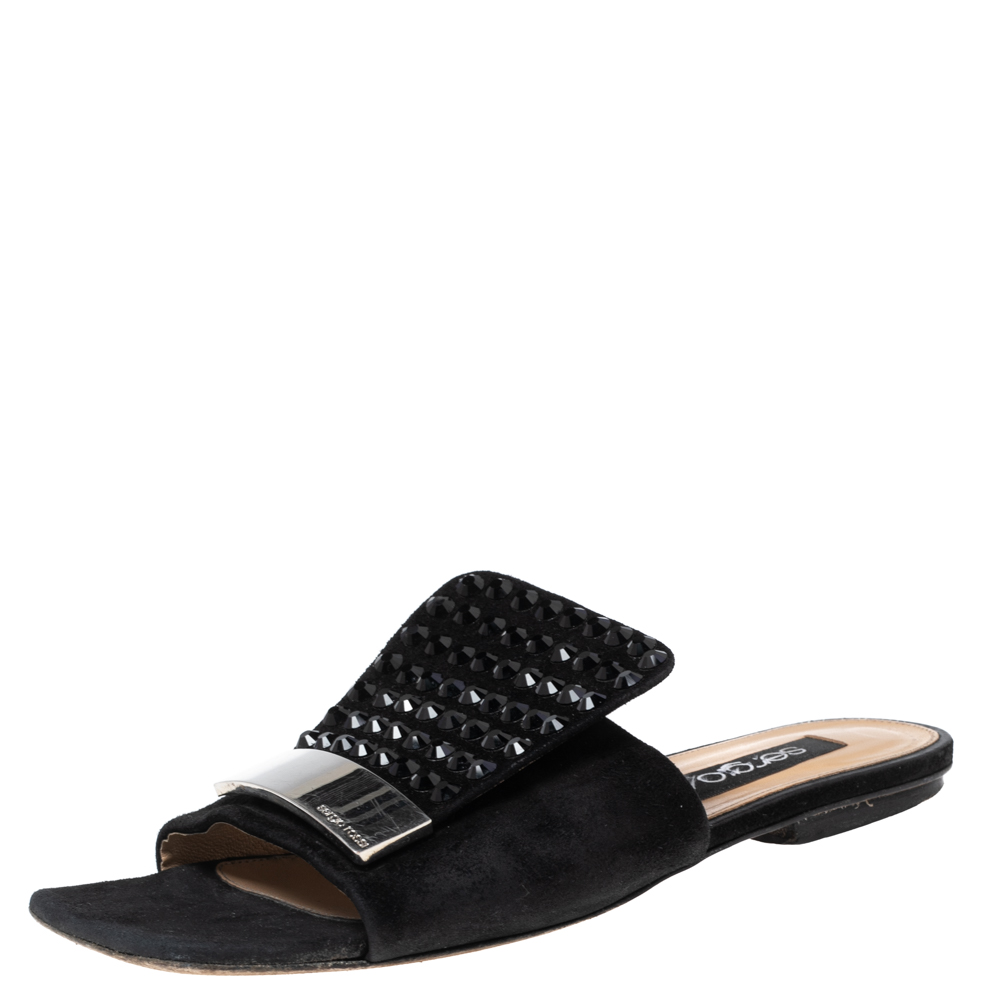 

Sergio Rossi Black Suede Embellished Flat Sandals Size