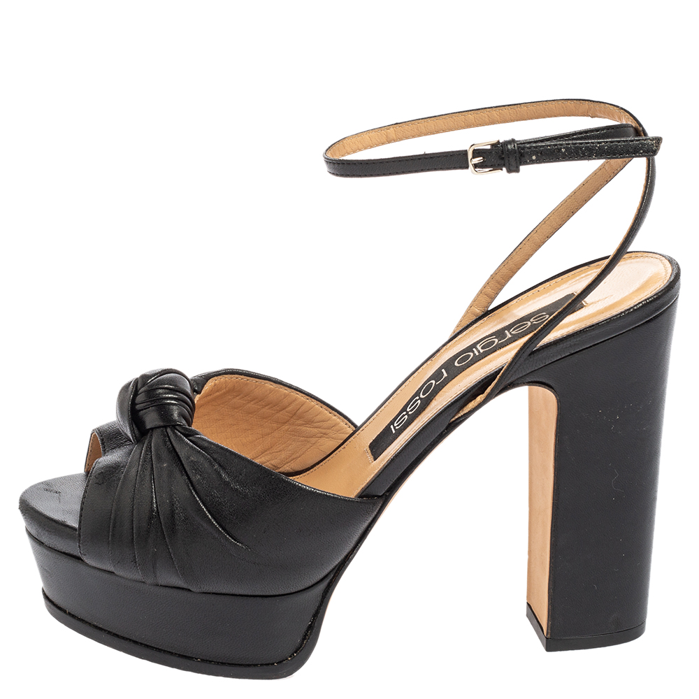 

Sergio Rossi Black Leather Knotted Platform Ankle Strap Sandals Size