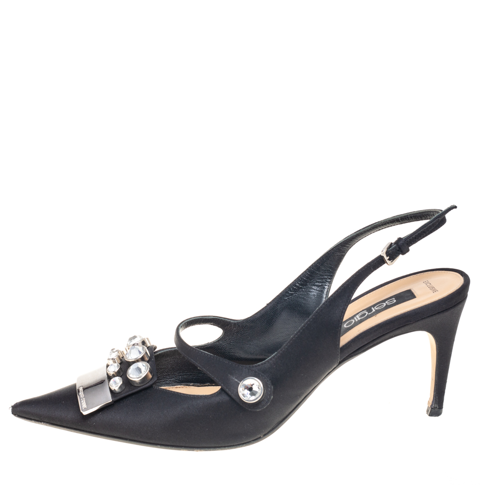 

Sergio Rossi Black Satin Crystal Embellished Slingback Pumps Size