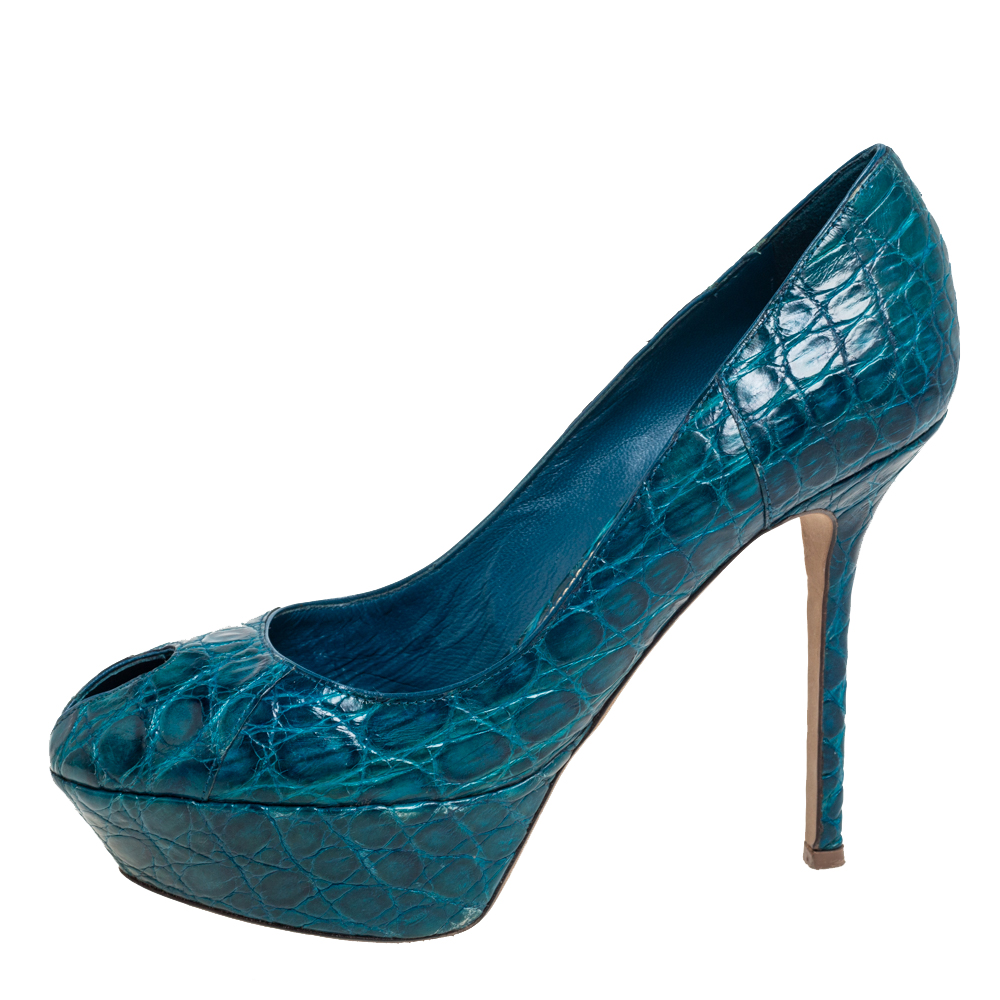 

Sergio Rossi Blue Alligator Leather Peep Toe Platform Pumps Size
