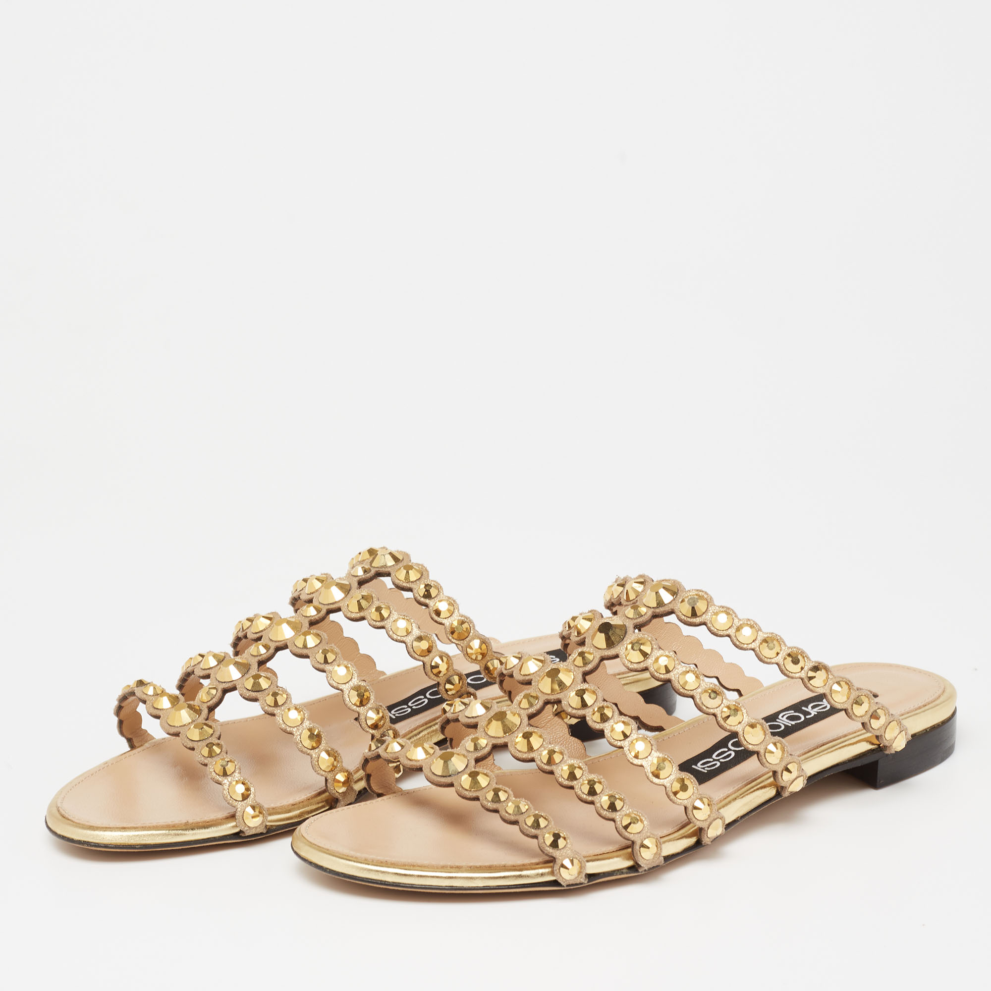 

Sergio Rossi Gold Crystal Studded Leather Flat Slides Size