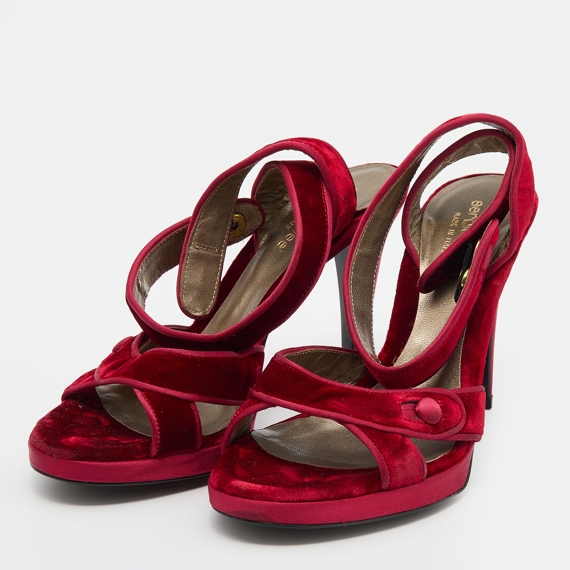 

Sergio Rossi Red Velvet Ankle Strap Sandals Size