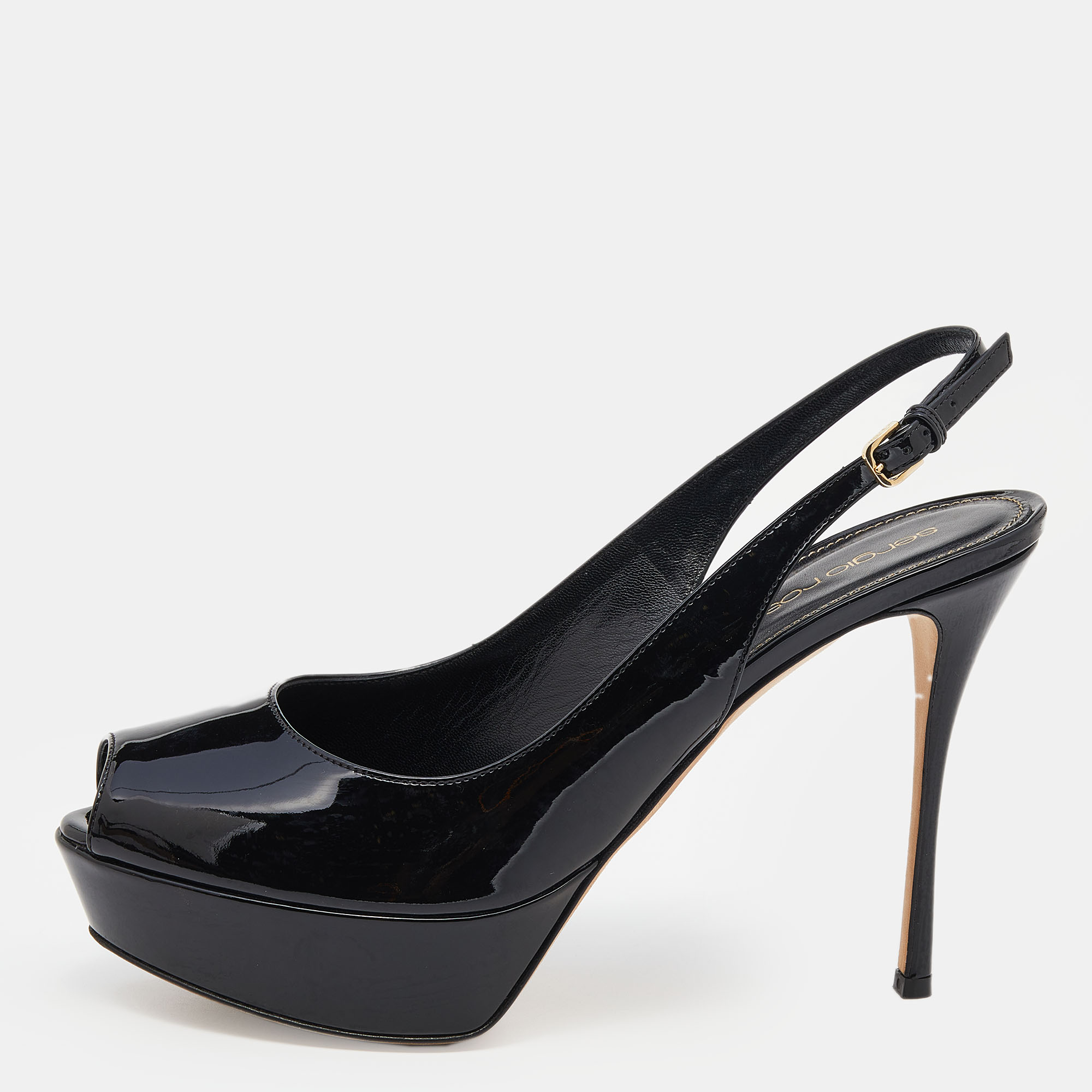 Click to view more detailed imagery on our partner's website Pre-owned Sergio Rossi Black Patent Leather Peep Toe Platform Ankle Strap Sandals Size 38.5