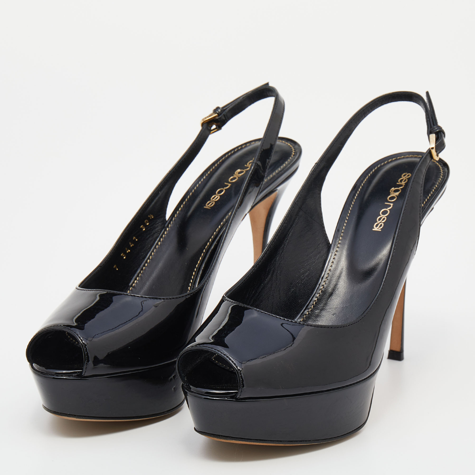 

Sergio Rossi Black Patent Leather Peep Toe Platform Ankle Strap Sandals Size