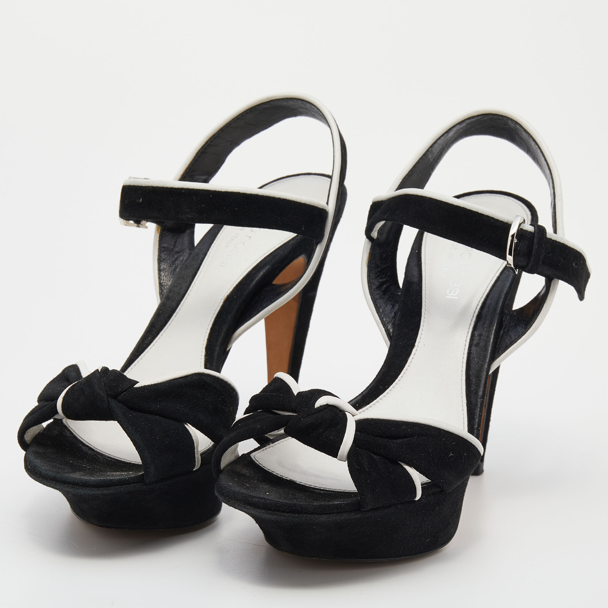 

Sergio Rossi Black/White Suede Kaia Knot Ankle Strap Platform Sandals Size