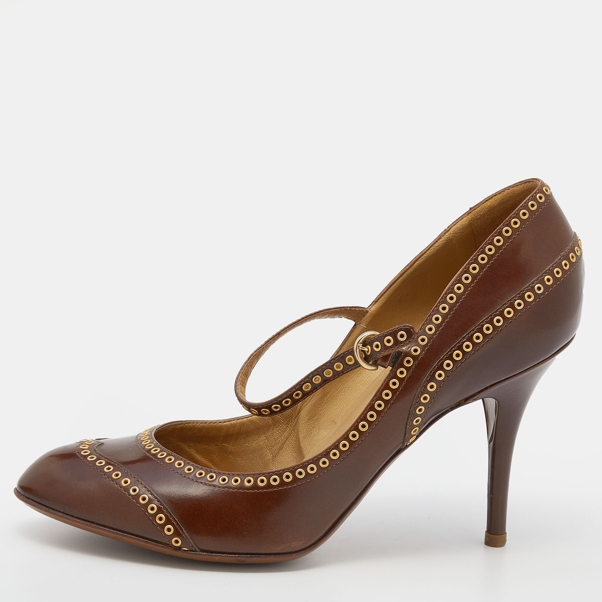 

Sergio Rossi Brown Leather Eyelet Mary Jane Pumps Size