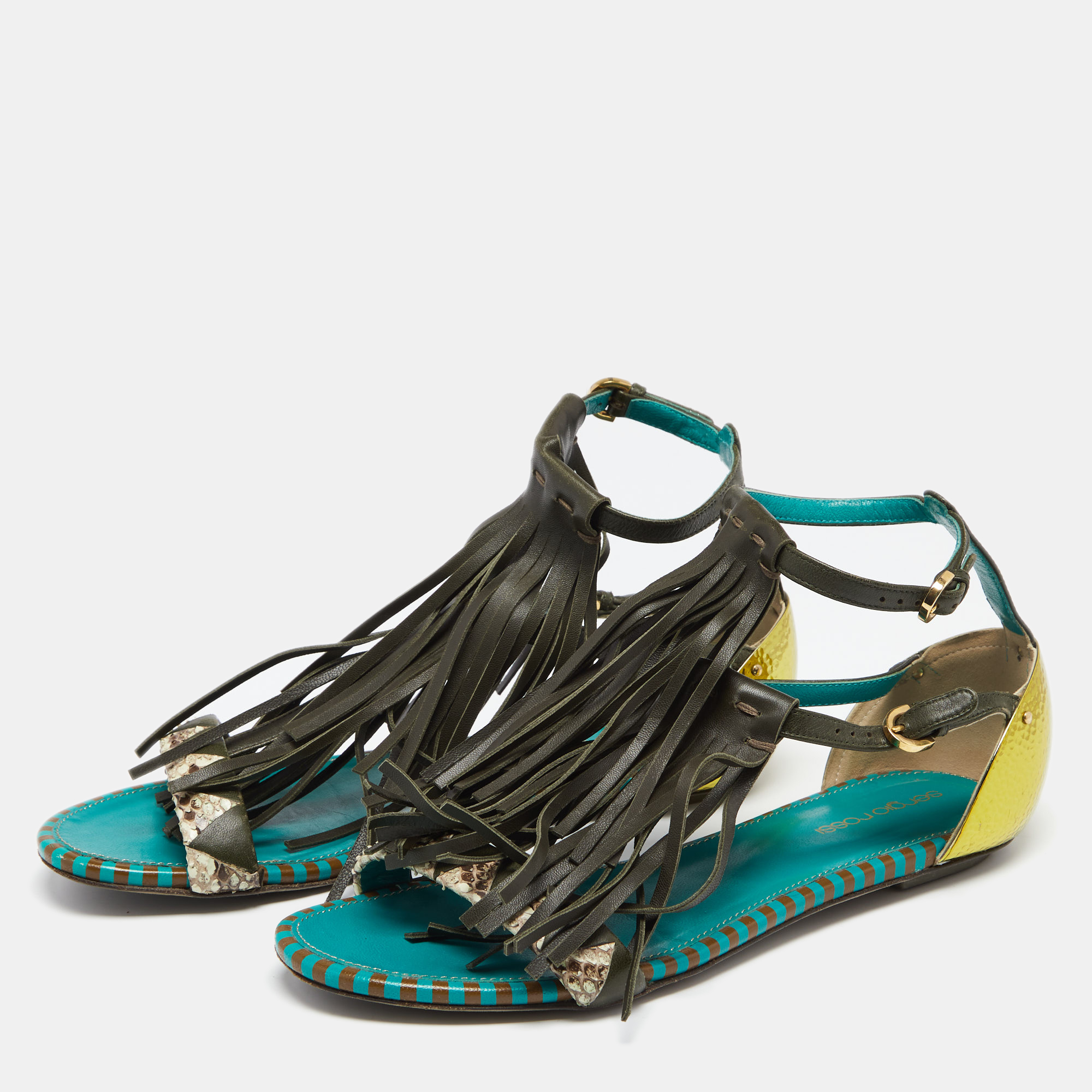 

Sergio Rossi Multicolor Snakeskin and Leather Fringe Detail Ankle-Strap Flat Sandals Size