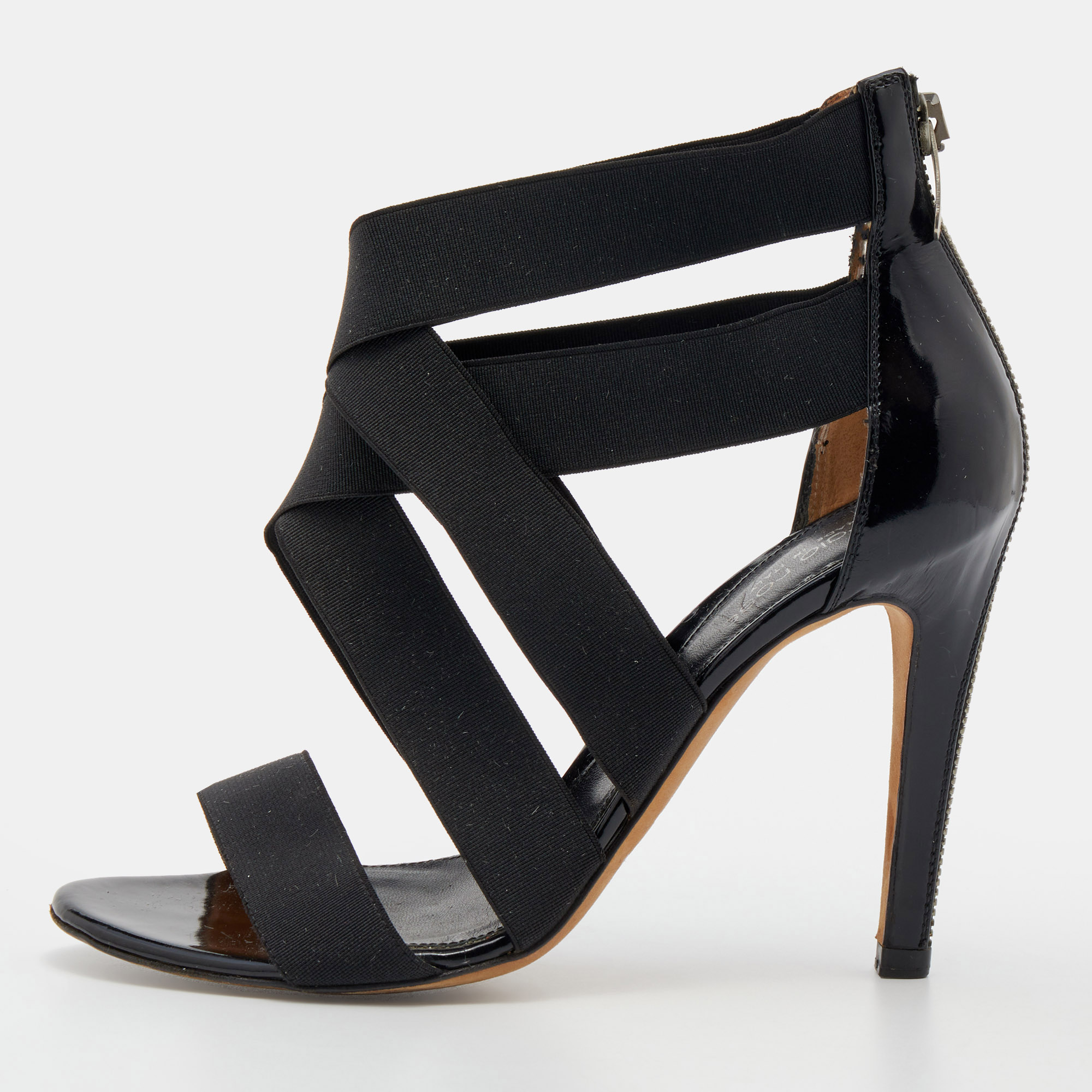 

Sergio Rossi Black Patent Leather and Elastic Strappy Sandals Size