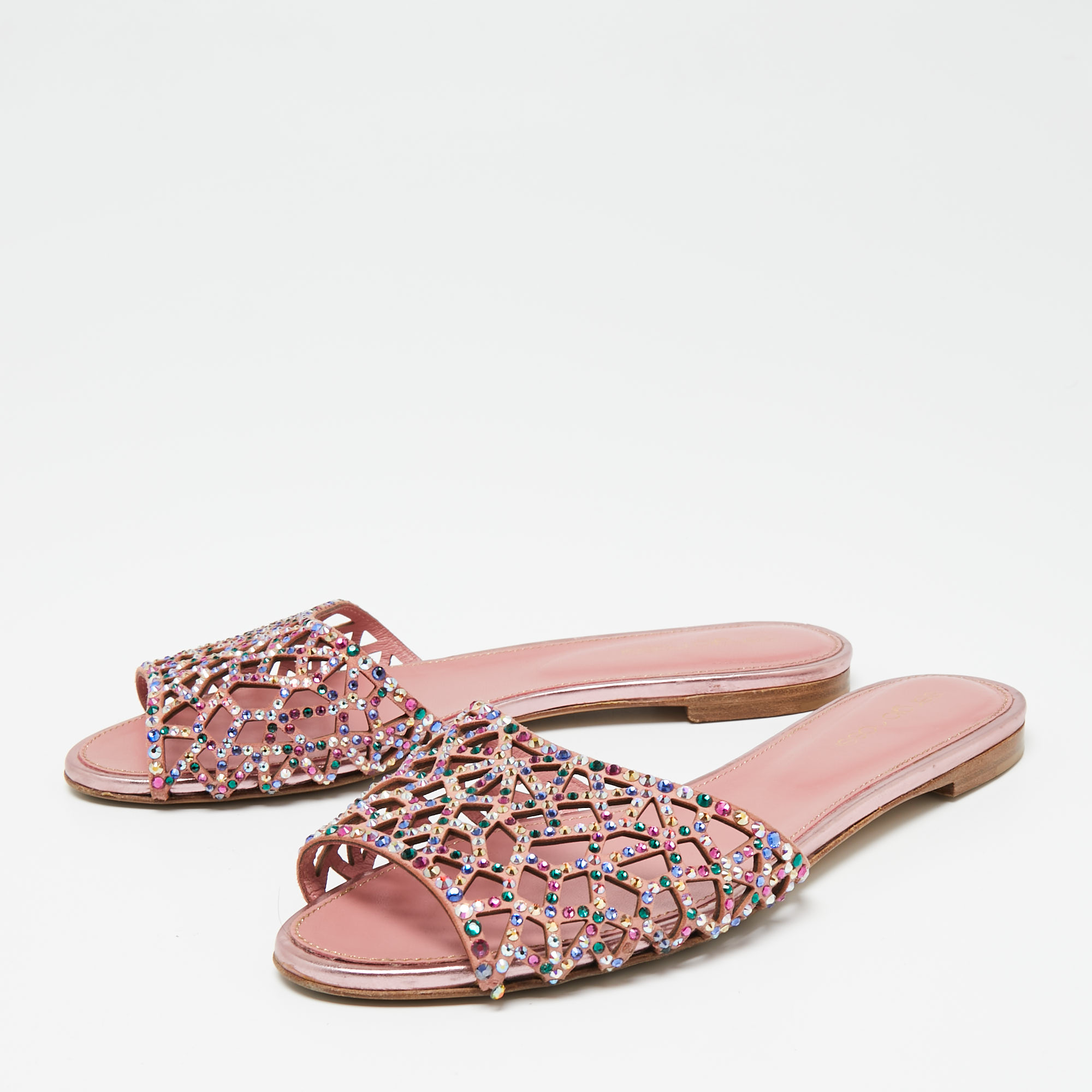 

Sergio Rossi Pink Suede And Leather Tresor Crystal Embellished Flat Sandals Size