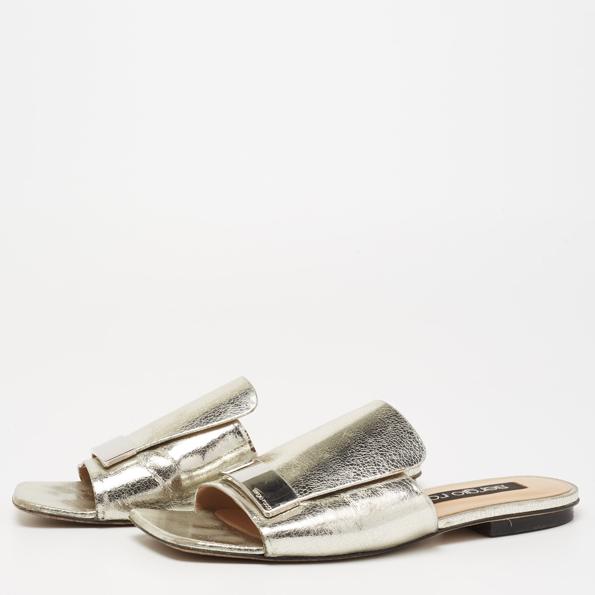 

Sergio Rossi Metallic Silver Leather SR1 Flat Slide Sandals Size