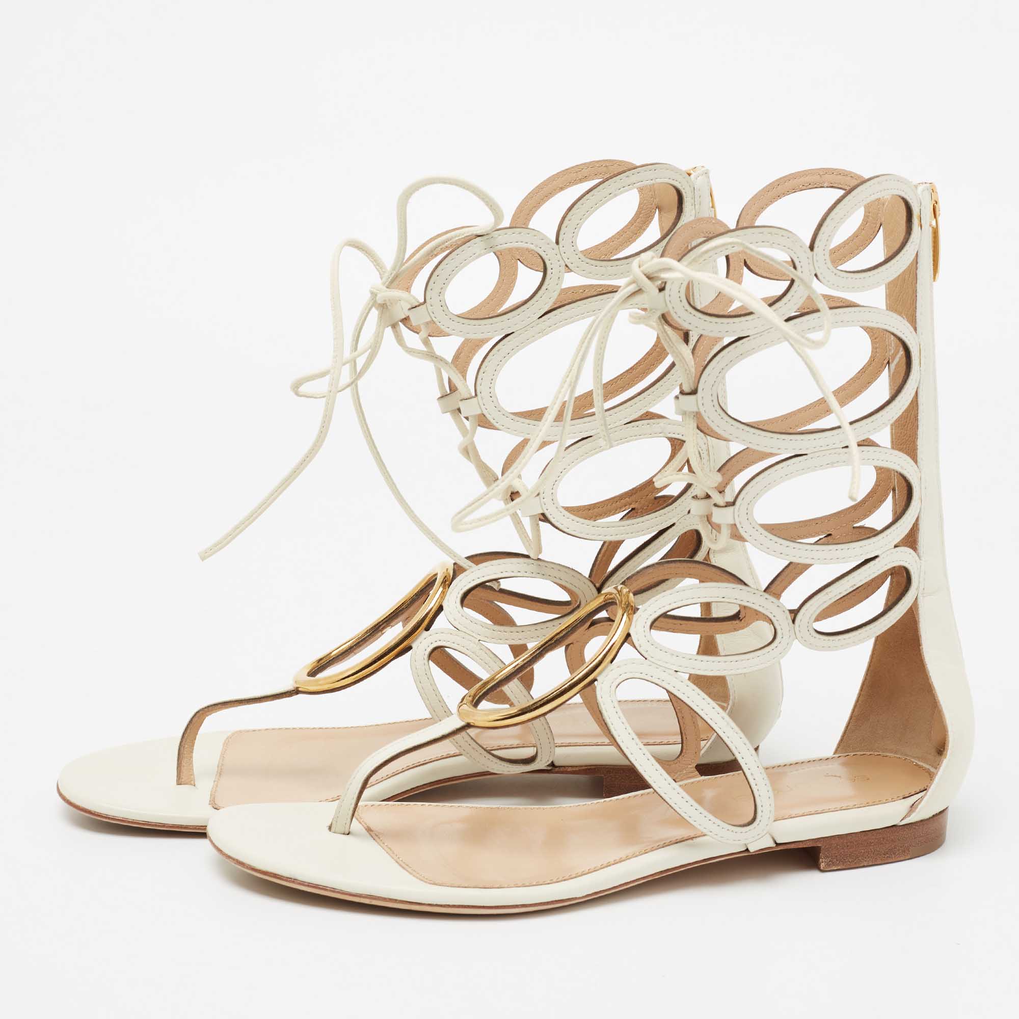 

Sergio Rossi Cream Leather Oval Cutout Gladiator Sandals Size