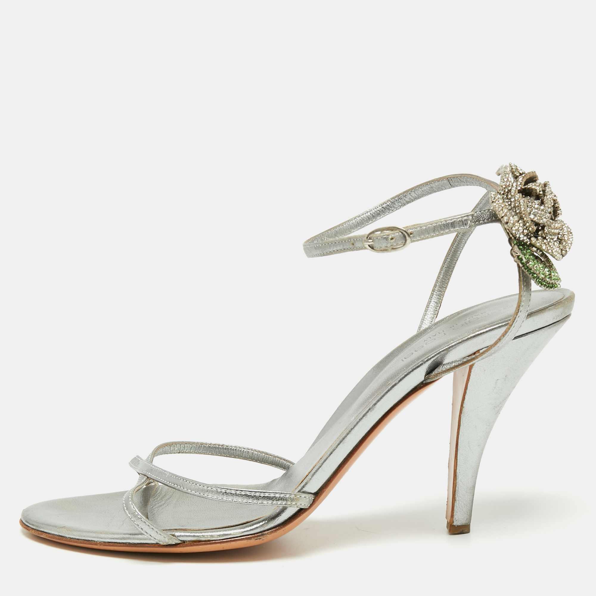 

Sergio Rossi Silver Leather Crystal Embellished Ankle Strap Sandals Size