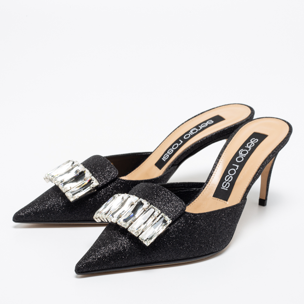 

Sergio Rossi Black Glitter Embellished Mules Sandals Size