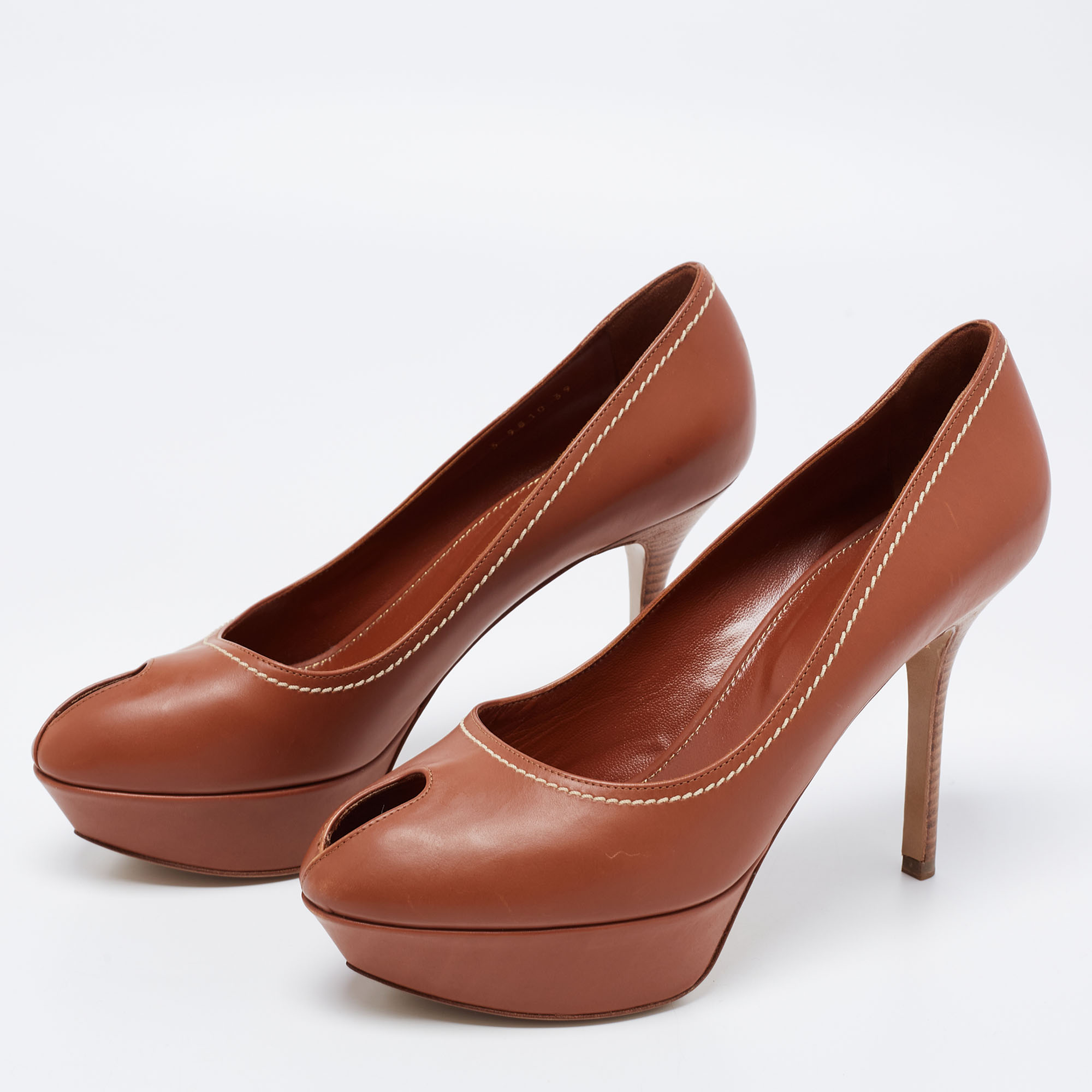 

Sergio Rossi Brown Leather Peep Toe Platform Pumps Size