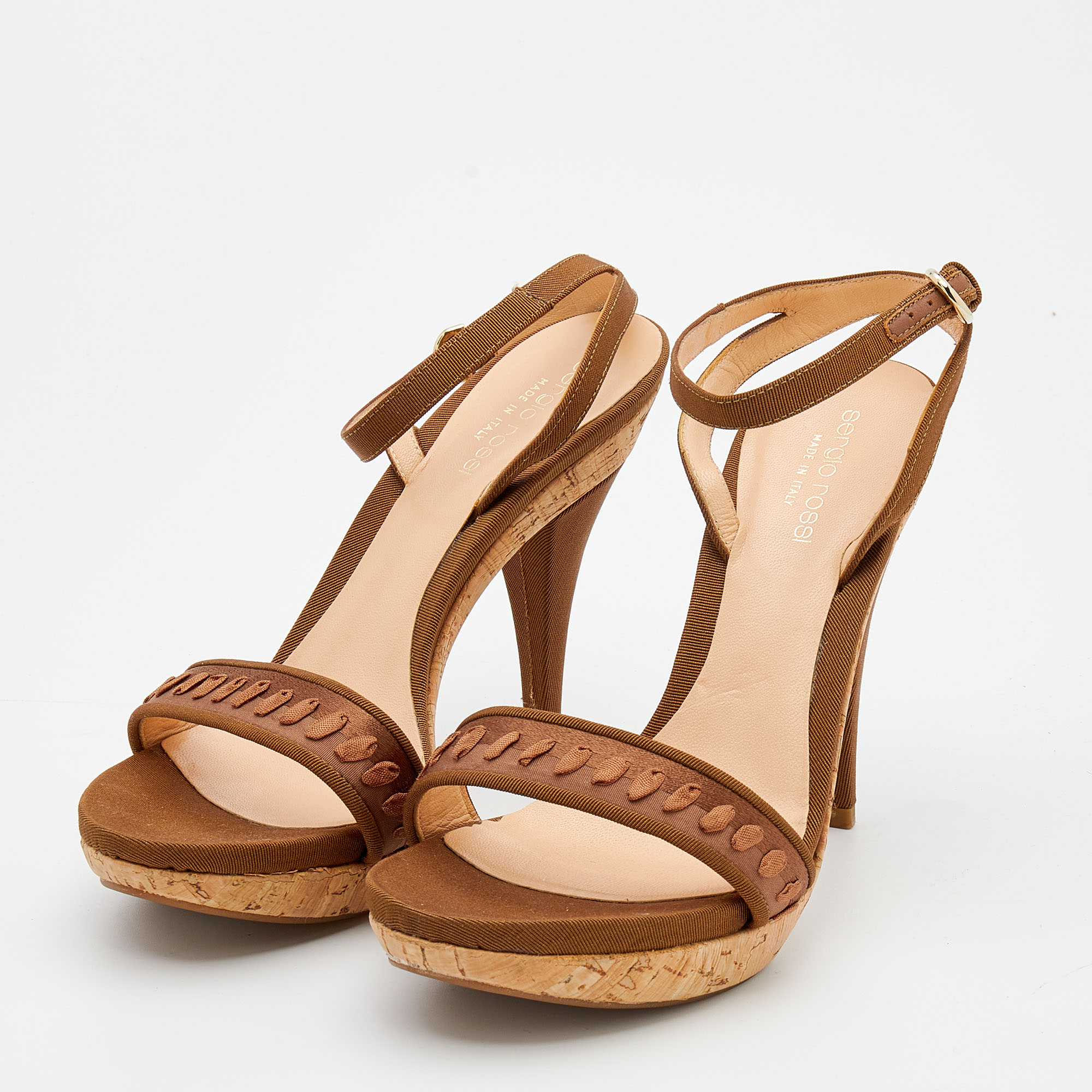 

Sergio Rossi Brown Fabric Ankle Strap Sandals Size
