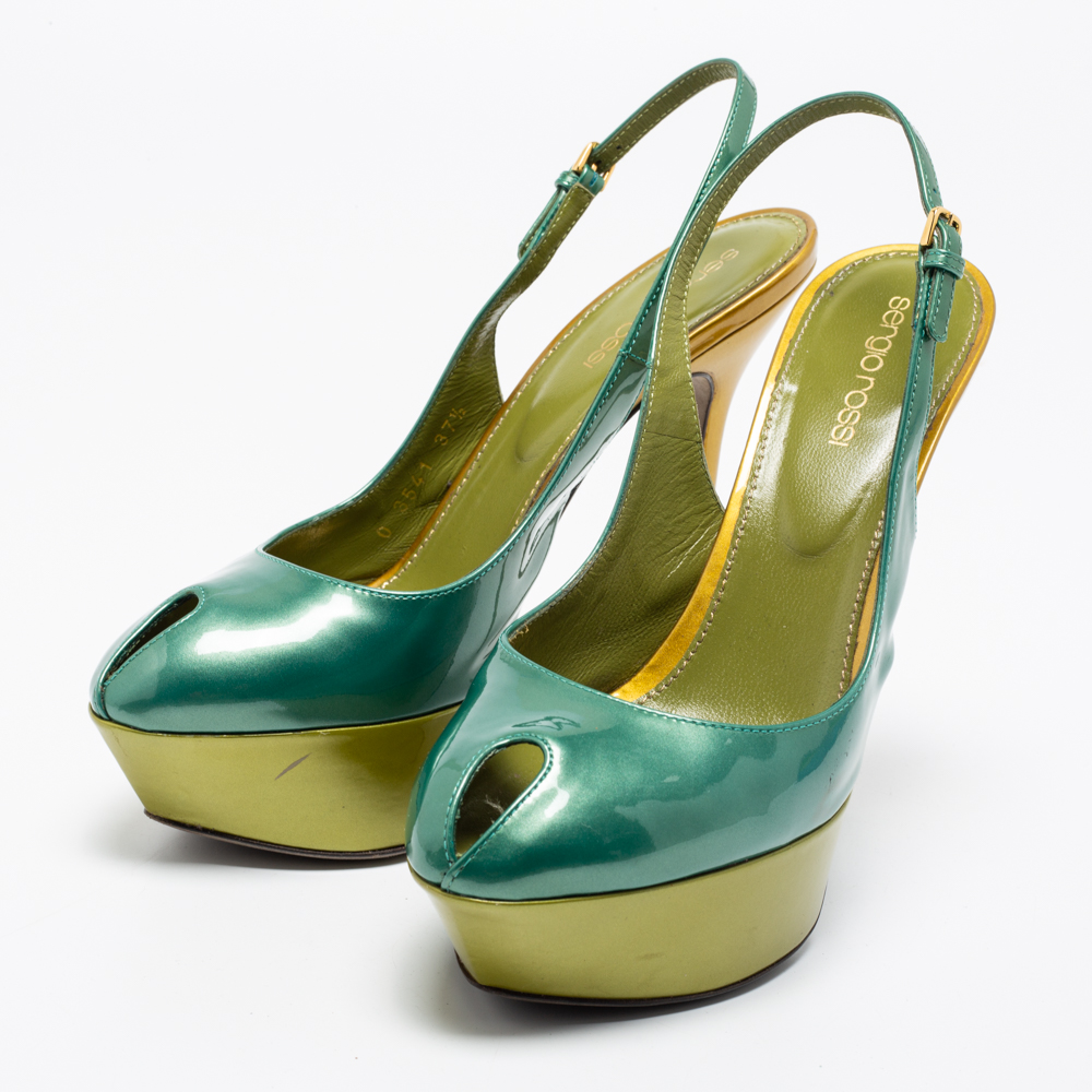 

Sergio Rossi Two-Tone Patent Leather Peep-Toe Slingback Pumps Size, Green